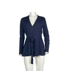 Lands End Belted Peplum Sweater Navy Blue Size XS